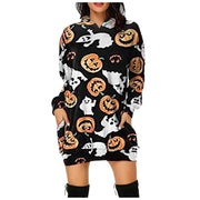 Loose Long Hoodie Casual Halloween Printed Dress - MomyMall 3 / S