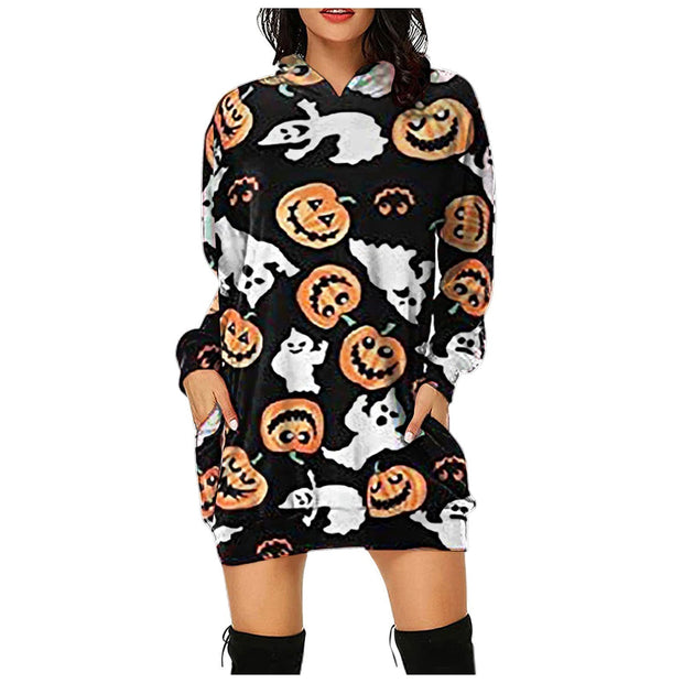 Loose Long Hoodie Casual Halloween Printed Dress - MomyMall 3 / S