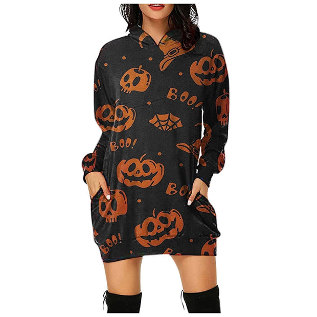 Loose Long Hoodie Casual Halloween Printed Dress - MomyMall 1 / S