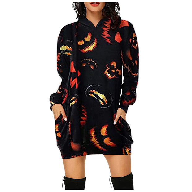 Loose Long Hoodie Casual Halloween Printed Dress - MomyMall 5 / S