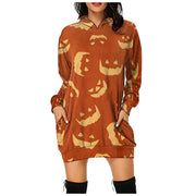 Loose Long Hoodie Casual Halloween Printed Dress - MomyMall