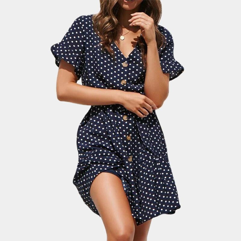 Polka Dot V-Neck Casual Dress - Mini Ruffled