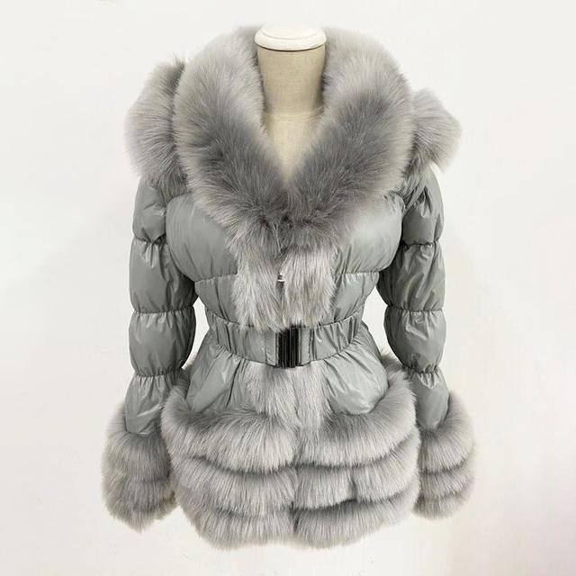 Faux Fur Trim Down Winter Down Coat With Hood and Belt