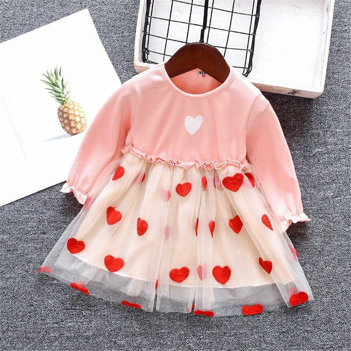 Baby Dress Long Sleeve Cute Heart Patchwork Mesh Princess Party Dress 0-2 Years - MomyMall Pink / 3-6 Months