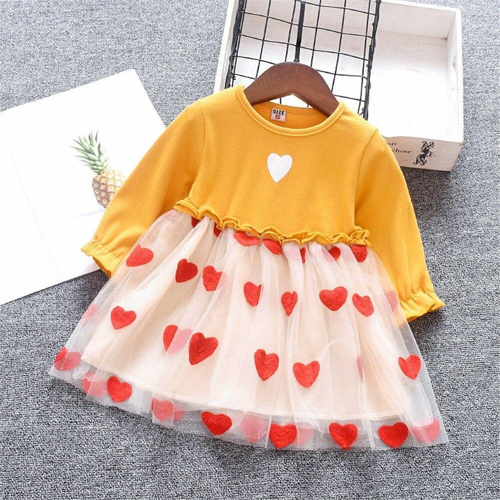 Baby Dress Long Sleeve Cute Heart Patchwork Mesh Princess Party Dress 0-2 Years - MomyMall Yellow / 3-6 Months
