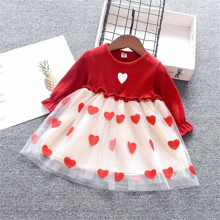 Baby Dress Long Sleeve Cute Heart Patchwork Mesh Princess Party Dress 0-2 Years - MomyMall Red / 6-12 Months