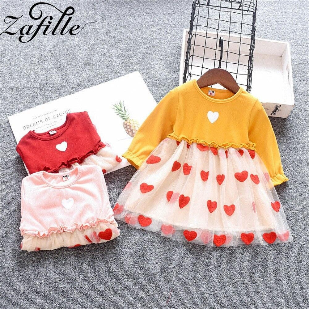 Baby Dress Long Sleeve Cute Heart Patchwork Mesh Princess Party Dress 0-2 Years - MomyMall