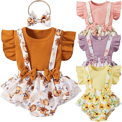 3PCS Lovely Solid Floral Printed Baby Set - MomyMall