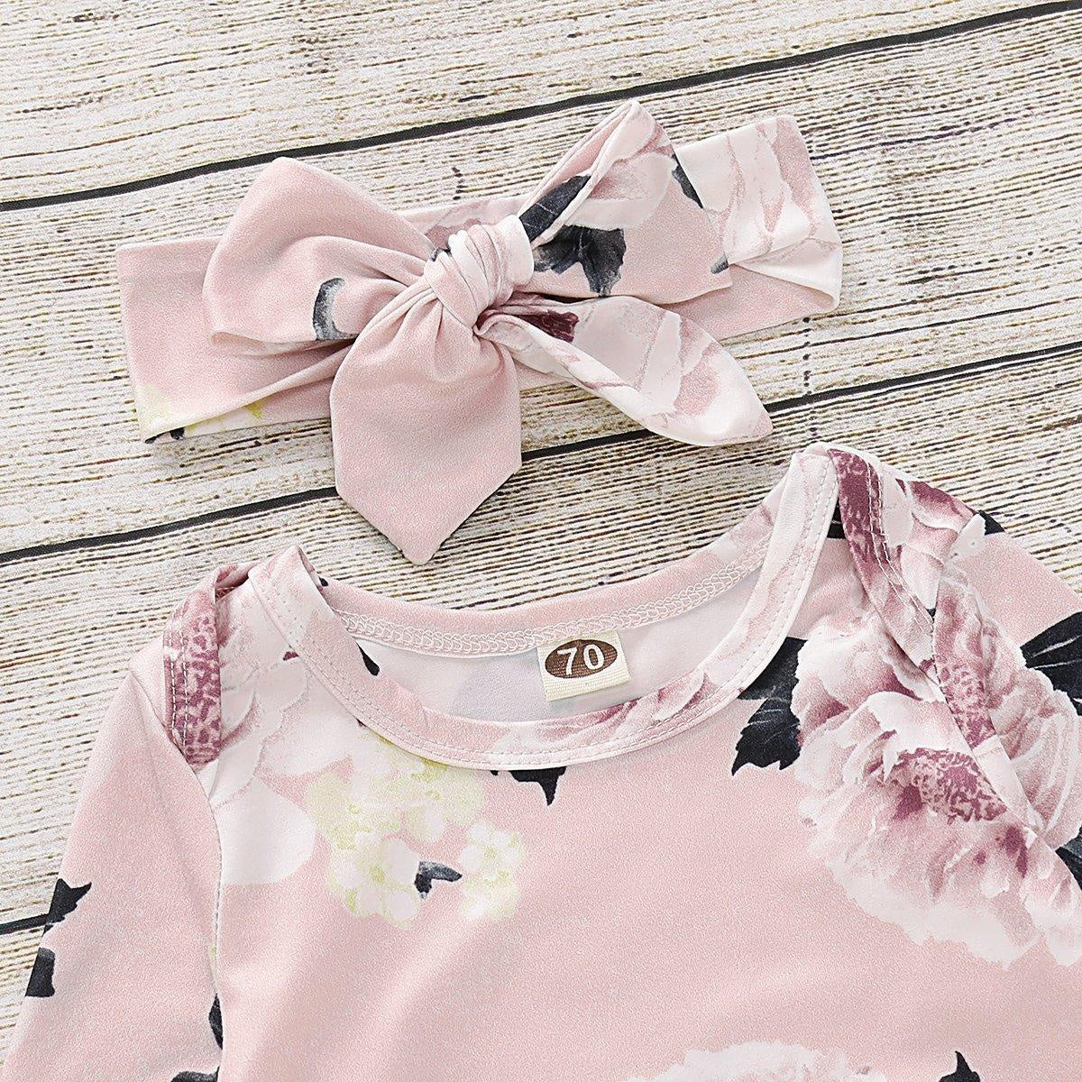 NewBorn Floral Print Pink Pajamas and Headband