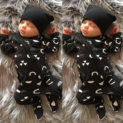 Geometric Printed Baby Zipper Jumpsuit - MomyMall Black / 0-3 Months