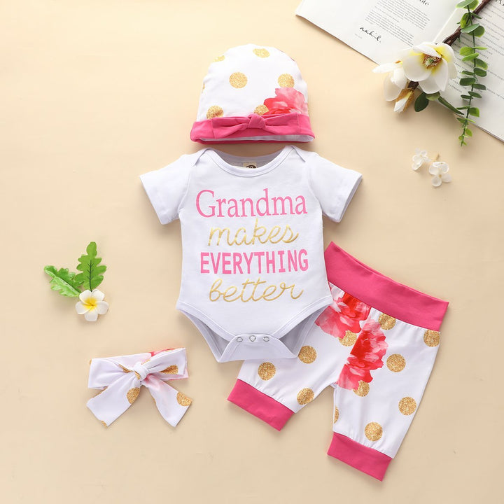 4PCS Lovely Letter And Floral Printed Baby Girl Set - MomyMall White / 0-3 Months