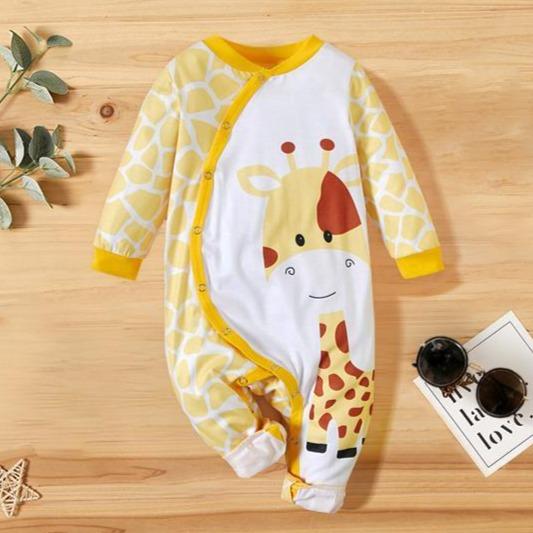 Baby Unisex Sweet Giraffe Printed Long Sleeve Baby Jumpsuit - MomyMall Yellow / 0-3 Months