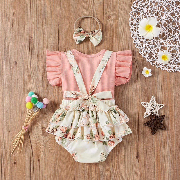 3PCS Lovely Solid Floral Printed Baby Set - MomyMall