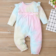 Lovely Baby Girl Tie-dye Printed Frill Bow Long-sleeve Baby Jumpsuit