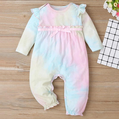 Lovely Baby Girl Tie-dye Printed Frill Bow Long-sleeve Baby Jumpsuit