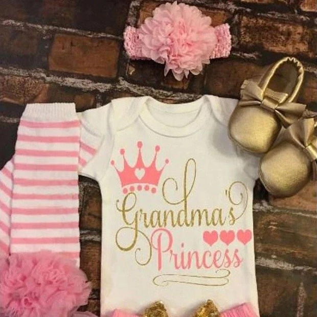 4PCS "Grandma's Princess" Letter Printed Romper With Pompous Short Pants Baby Set - MomyMall