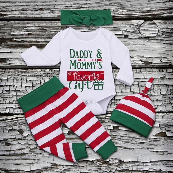 4PCS Daddy Mommy's Favorite Gift Stripe Printed Baby Set - MomyMall White / 0-6 Months