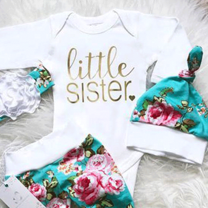 4pcs "Little Sister" Letter Printed Romper With Floral Printed Pants Baby Girl Set - MomyMall