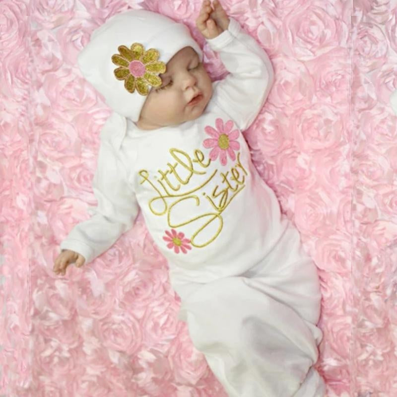 Baby NewBorn Little Sister Floral Print Pajamas and Hat - MomyMall