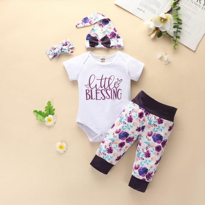 4PCS Letter Printed Romper With Floral Printed Pants Baby Girl Set - MomyMall