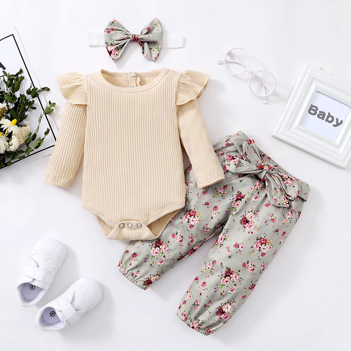 Baby Girl Lovely Bodysuit and Flower Pants Set