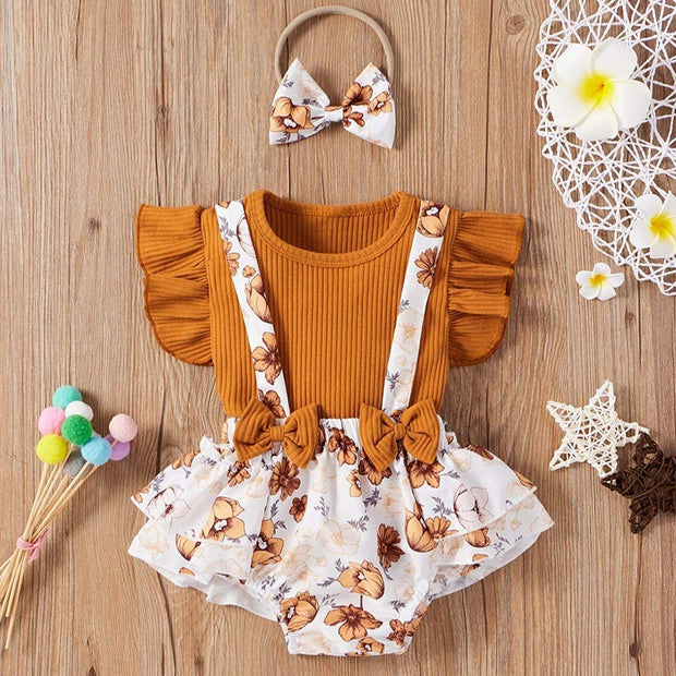 3PCS Lovely Solid Floral Printed Baby Set - MomyMall Brown / 0-3 Months