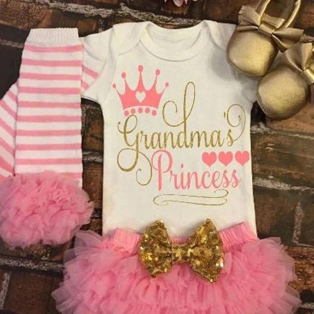 4PCS "Grandma's Princess" Letter Printed Romper With Pompous Short Pants Baby Set - MomyMall