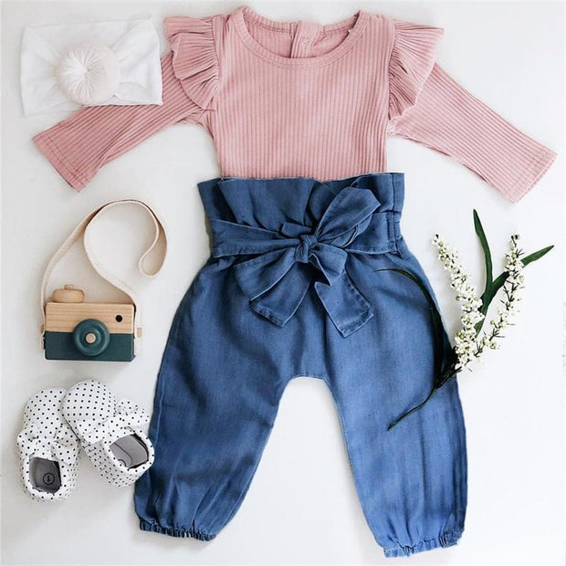 Baby Girl Pink Ruffled Shoulder Romper and Bowknot Pants Set - MomyMall Pink / 0-6 Months