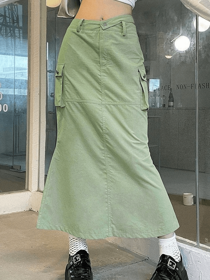 Back Split Mermaid Long Cargo Skirt - MomyMall Green / S