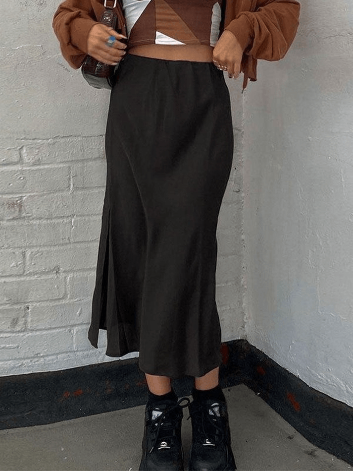 Basic Satin Split Midi Skirt - MomyMall