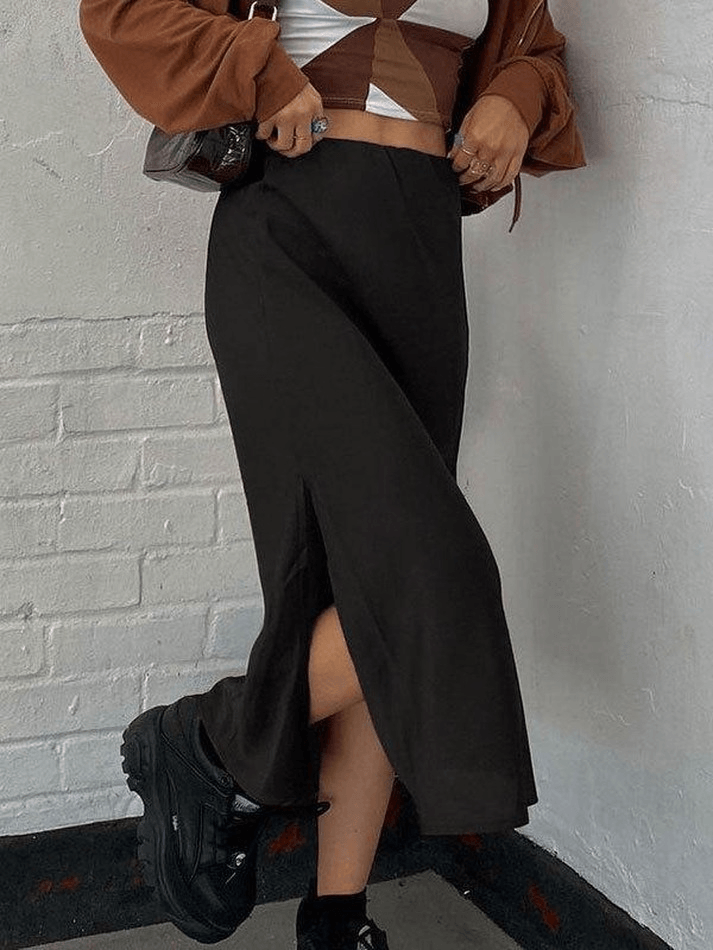 Basic Satin Split Midi Skirt - MomyMall