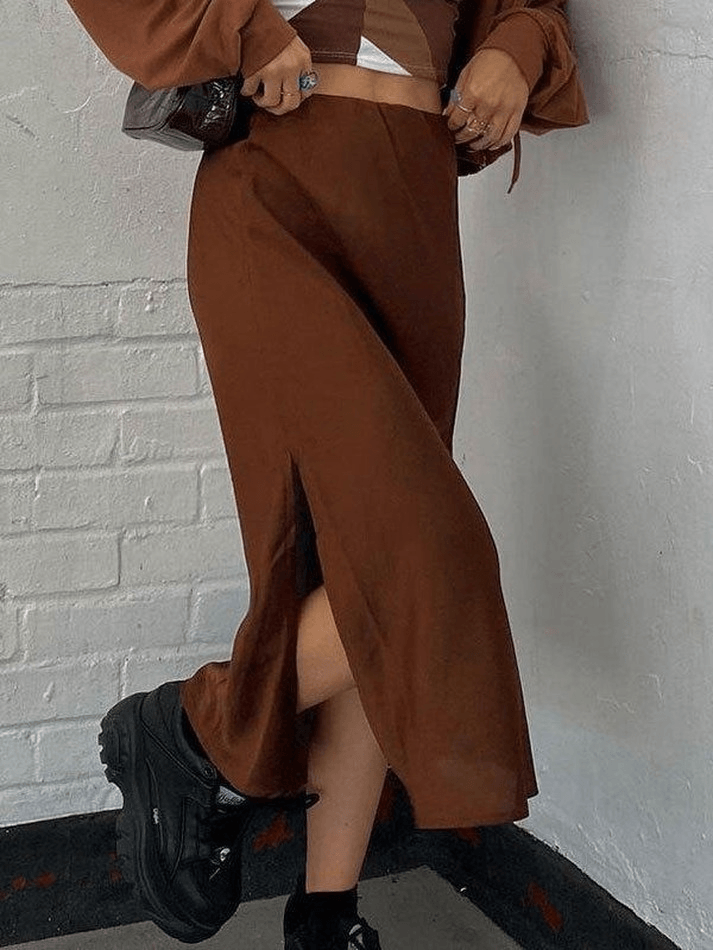 Basic Satin Split Midi Skirt - MomyMall