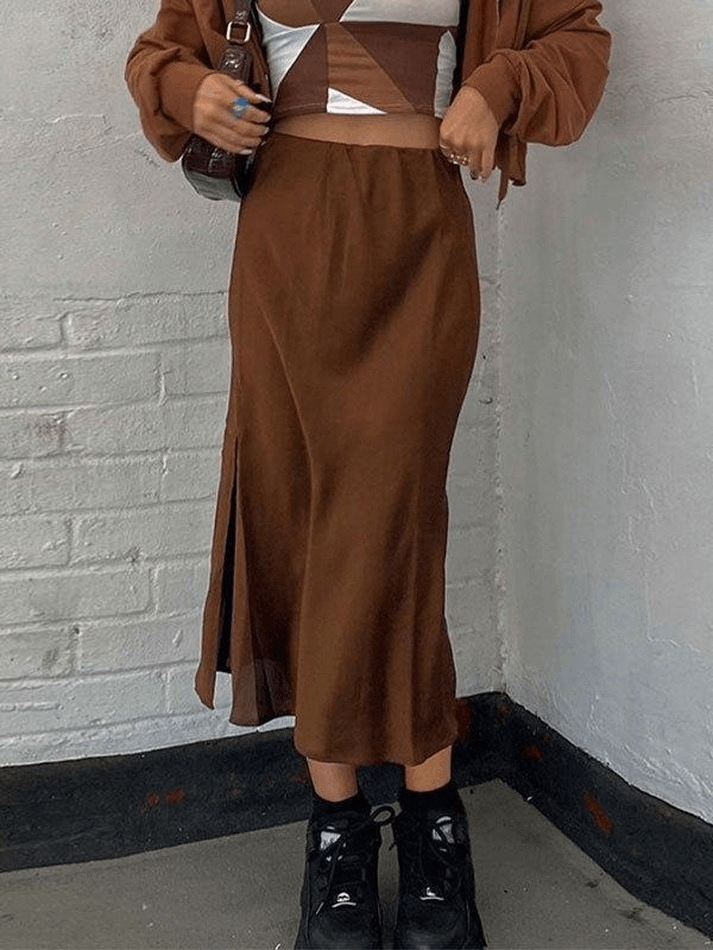 Basic Satin Split Midi Skirt - MomyMall