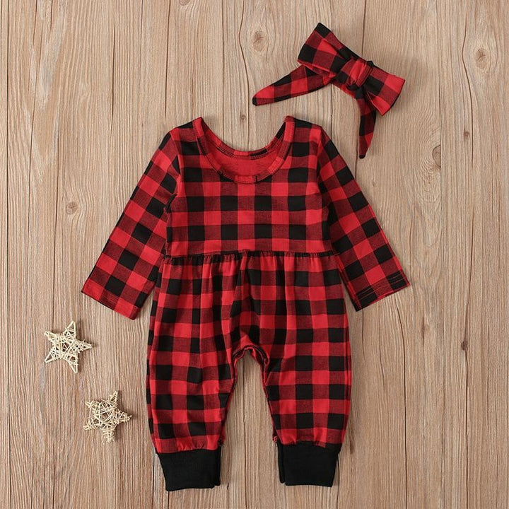 2PCS Lovely Baby Plaid Printed Long Sleeve Jumpsuit - MomyMall Red / 0-3 Months