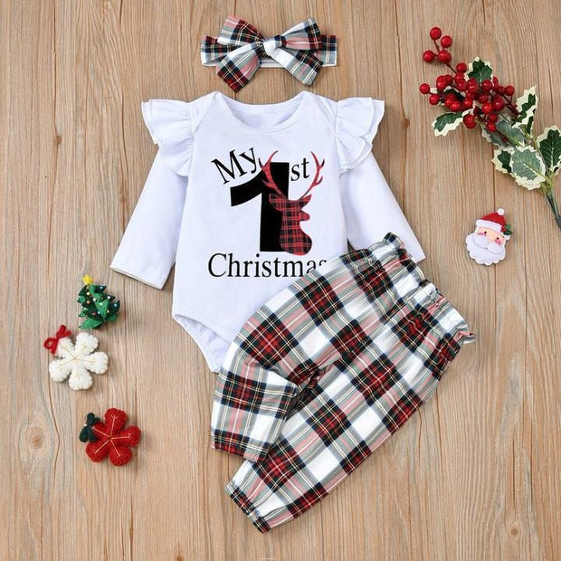 3PCS My 1st Christmas Letter Plaid Printed Baby Set