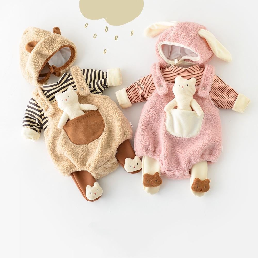 Bear & Bunny Baby Plush Romper with Matching Bonnet - MomyMall