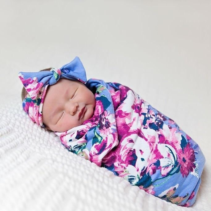Cute NewBorn Flower Floral Printed Swaddle Sleeping Bag And Headband Baby Set - MomyMall