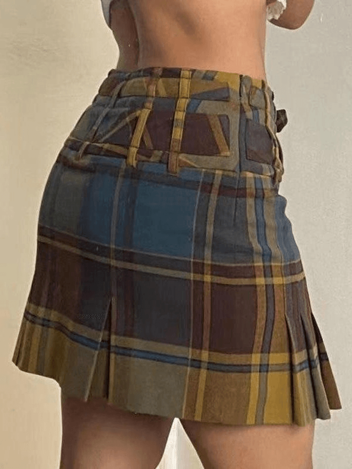 Belted Checkered Pleated Woolen Mini Skirt