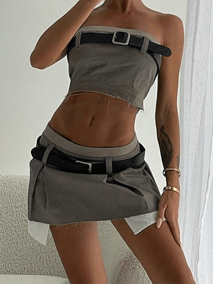 Belted Patchwork Y2K Two Piece Set - MomyMall Gray / S