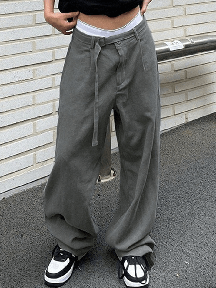 Belted Pleated Straight Leg Pants - MomyMall Gray / S