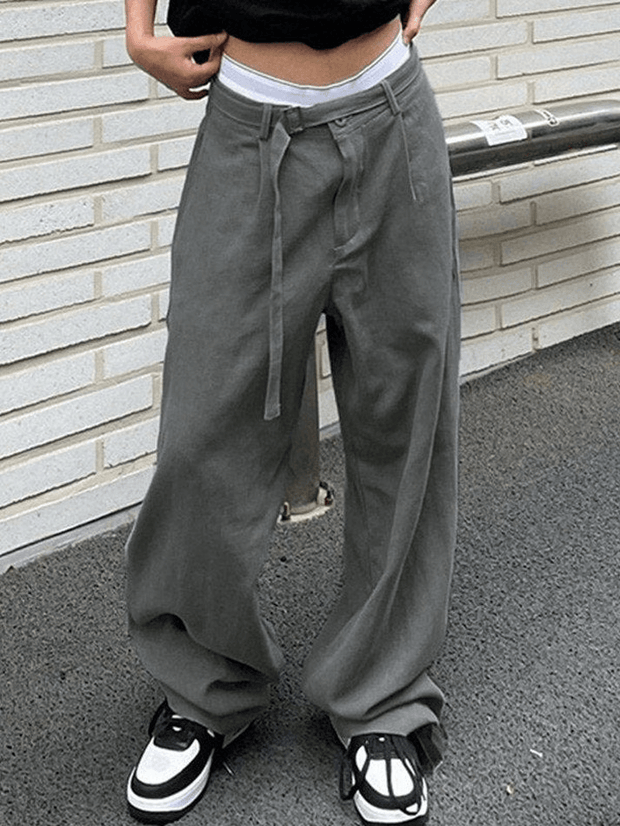 Belted Pleated Straight Leg Pants - MomyMall Gray / S