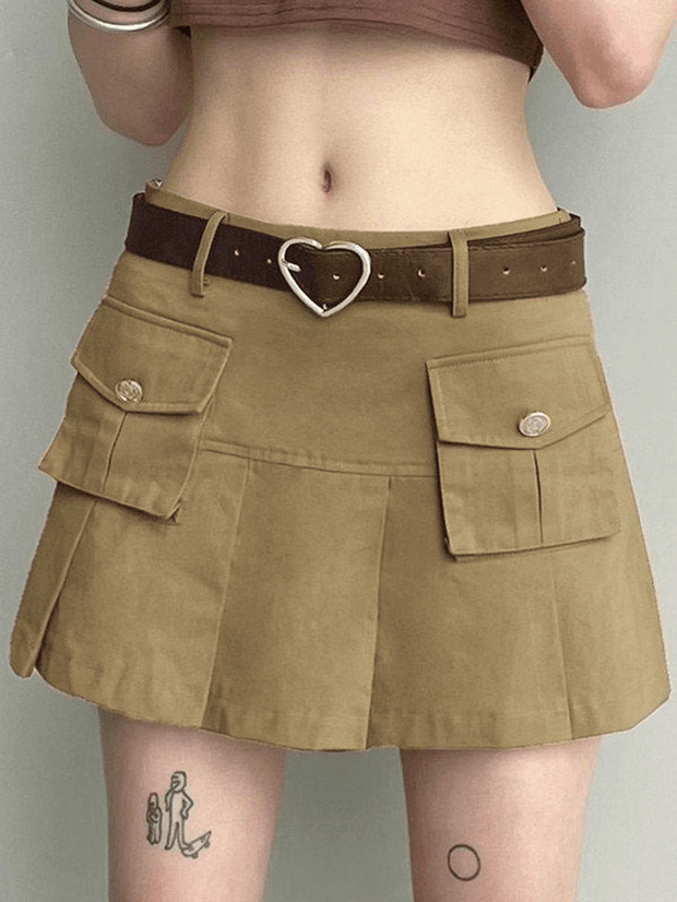 Belted Pleated Y2K Mini Skirt - MomyMall Khaki / S