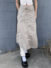 Belted Split Long Cargo Skirt - MomyMall Khaki / S