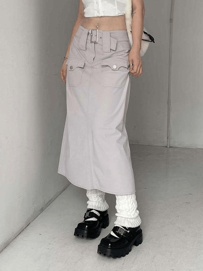 Belted Split Long Cargo Skirt - MomyMall