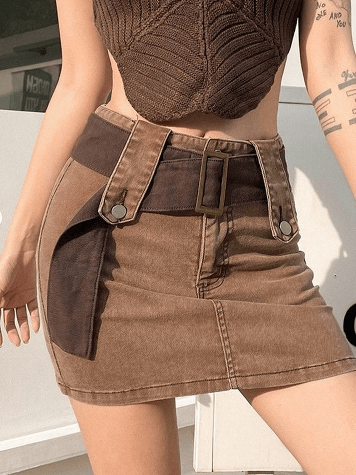 Belted Wash Denim Mini Skirt