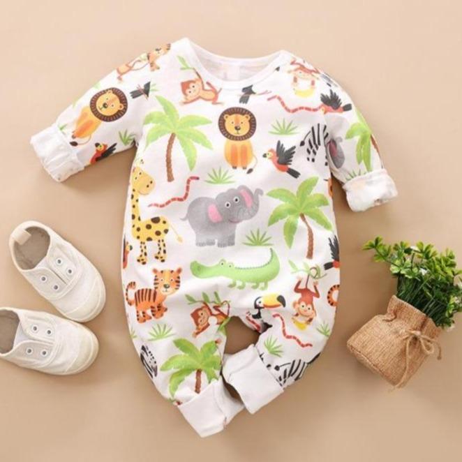 Sweet Cartoon Animal Printed Baby Jumpsuit - MomyMall White / 0-3 Months