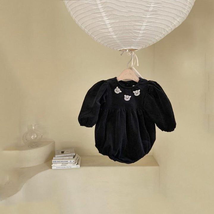 Embroidered Bear Ruffle Baby Romper - MomyMall 3-6 Months / Black