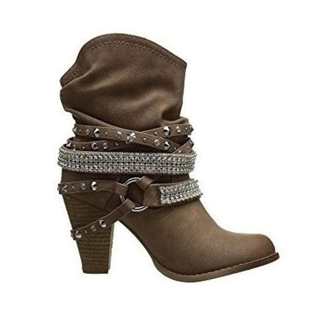 Round Toe High Heel Ankle Boots