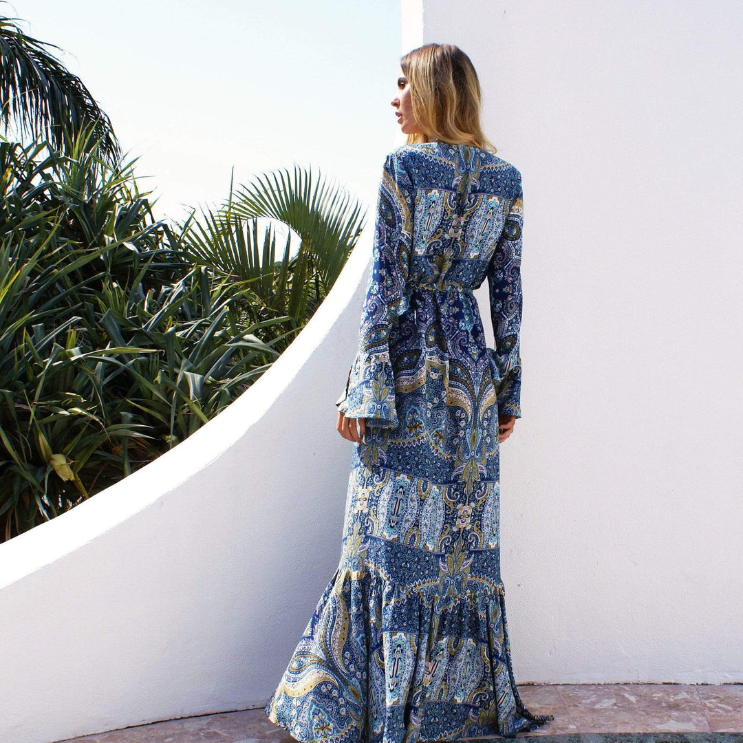 fitted lace wedding dress Naomi Printed Maxi Wrap Dress Long Sleeves Blue