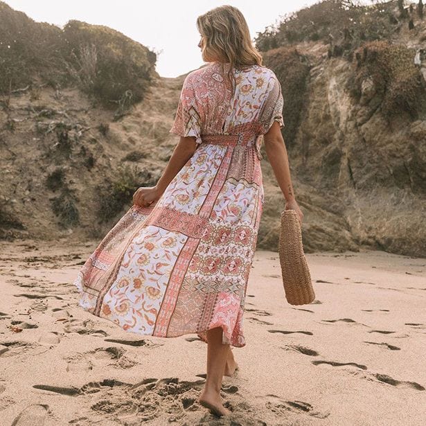 Boho Summer Floral Beach Cover Up Maxi Dress